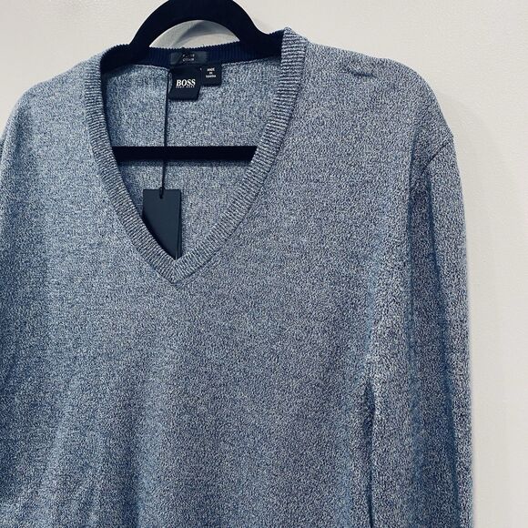 NWT HUGO BOSS Black Label Mens L Blue Slim Fit V-Neck Knit Sweater Jumper Preppy - Picture 3 of 16